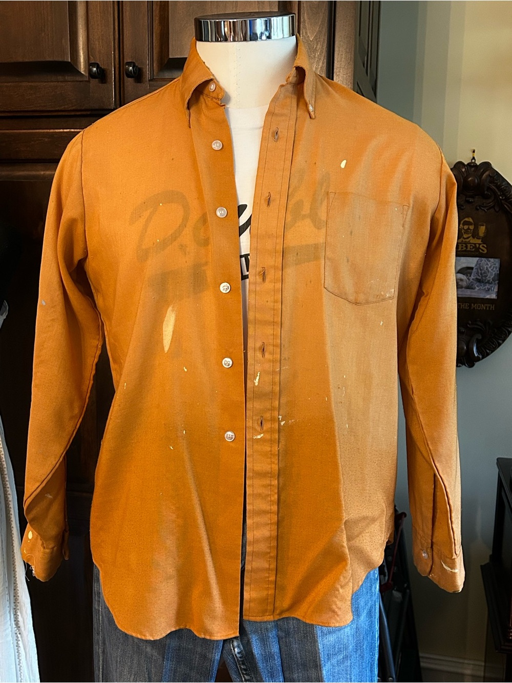 1970’s Sears Perma-Prest Sz L Orange “Paint Splatter” Long Sleeve Button Down